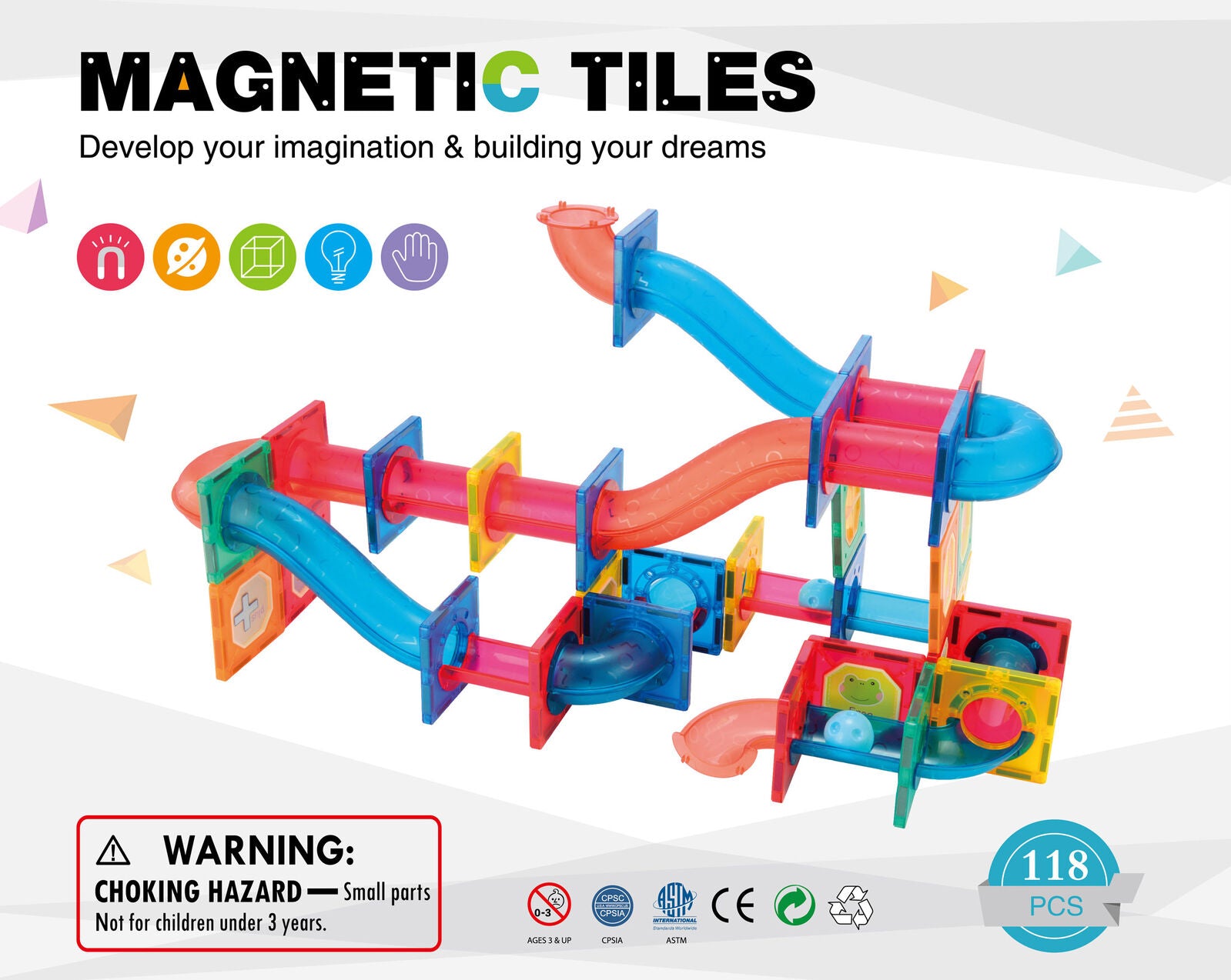 118 Pcs non-toxic STEM Educational, Durable Magnetic Tiles/Puzzle with Storage Bag - Image 5