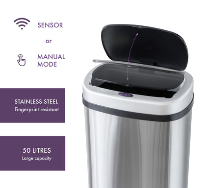 50L Stainless Steel Motion Sensor Rubbish Bin - Image 4