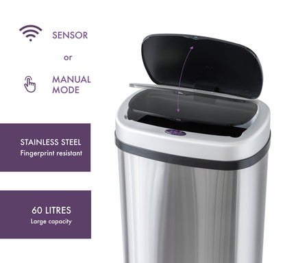 60L Stainless Steel Motion Sensor Rubbish Bin - Image 4