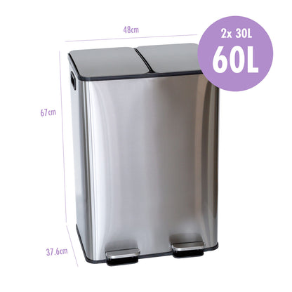 Stainless Steel Dual Compartment (30L each Section) Pedal Operation Rubbish Bin - Image 3