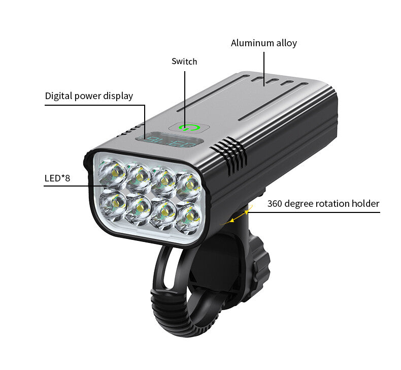 Waterproof Bike Light Set with Digital Battery Display Aluminum Alloy 360° Mount - Image 2