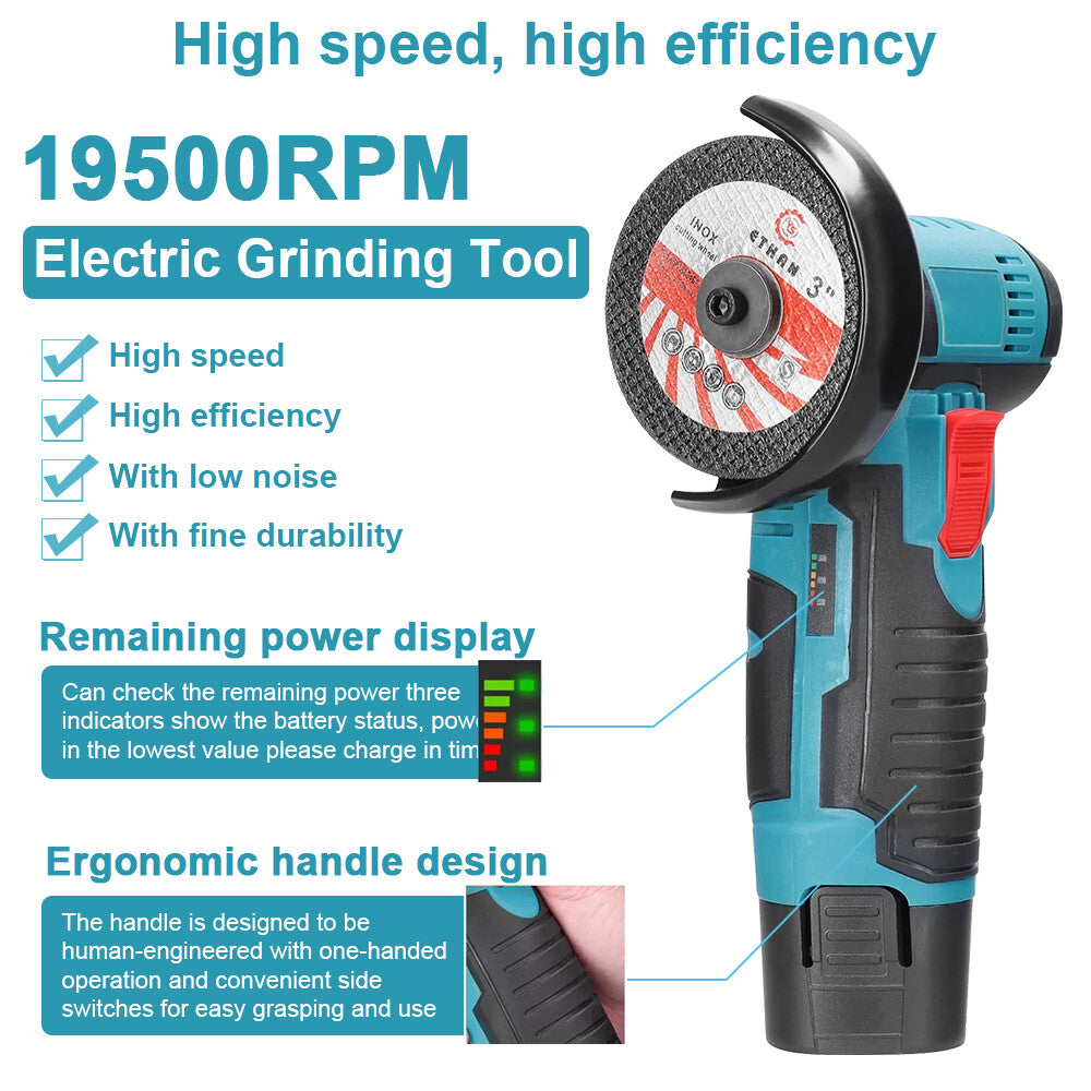 800W Mini Cordless Brushless Angle Grinder Cutting Tool W/ 2x Battery & Charger - Image 2