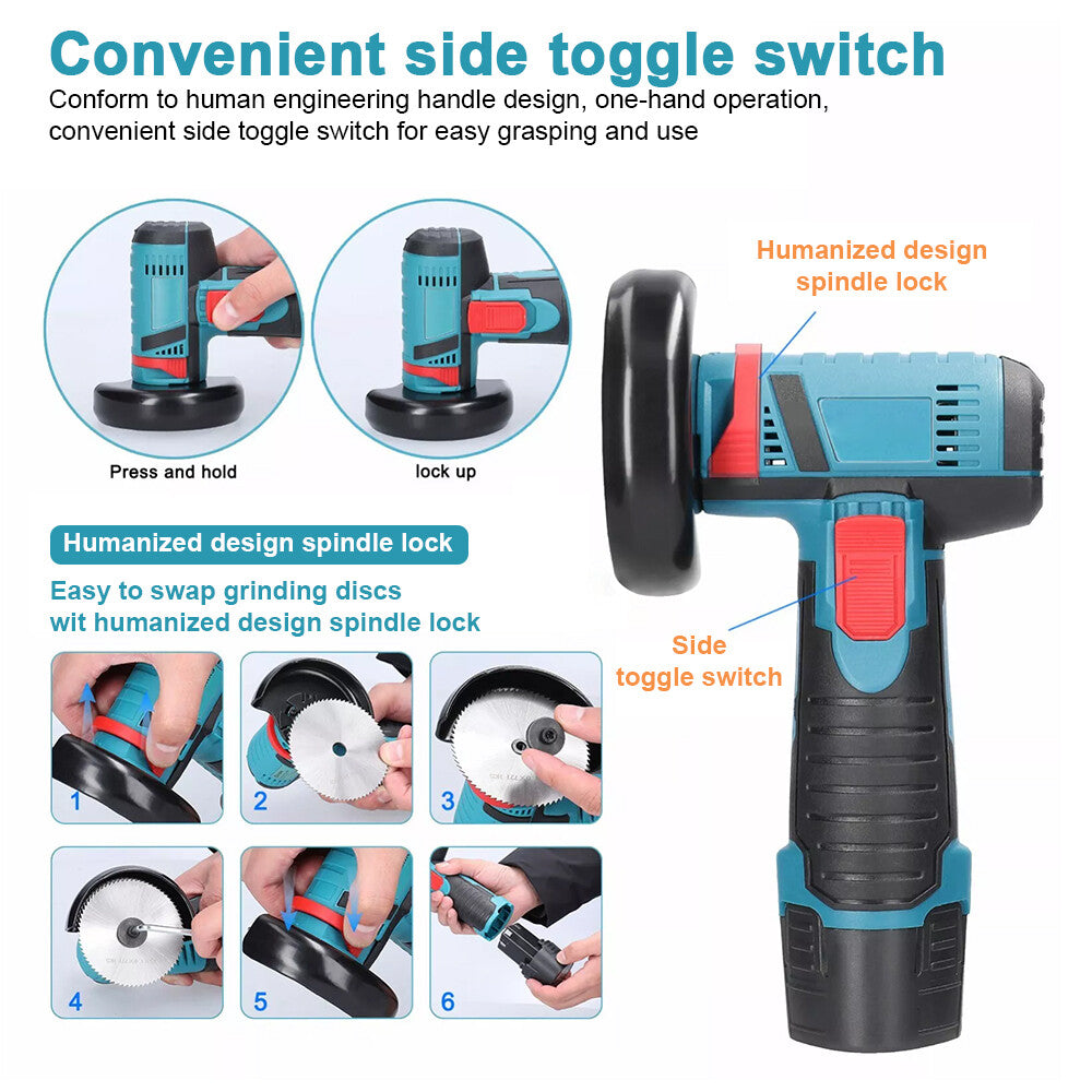 800W Mini Cordless Brushless Angle Grinder Cutting Tool W/ 2x Battery & Charger - Image 3
