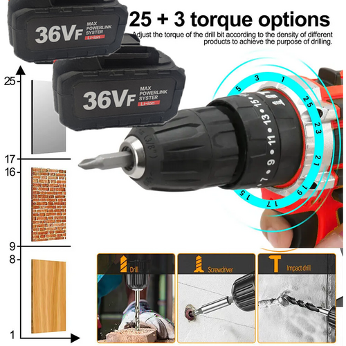 Cordless Drill w/2 Battery Heavy Duty Impact Driver Kit Brushless Hammer Set - Image 6