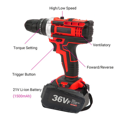 Cordless Drill w/2 Battery Heavy Duty Impact Driver Kit Brushless Hammer Set - Image 8