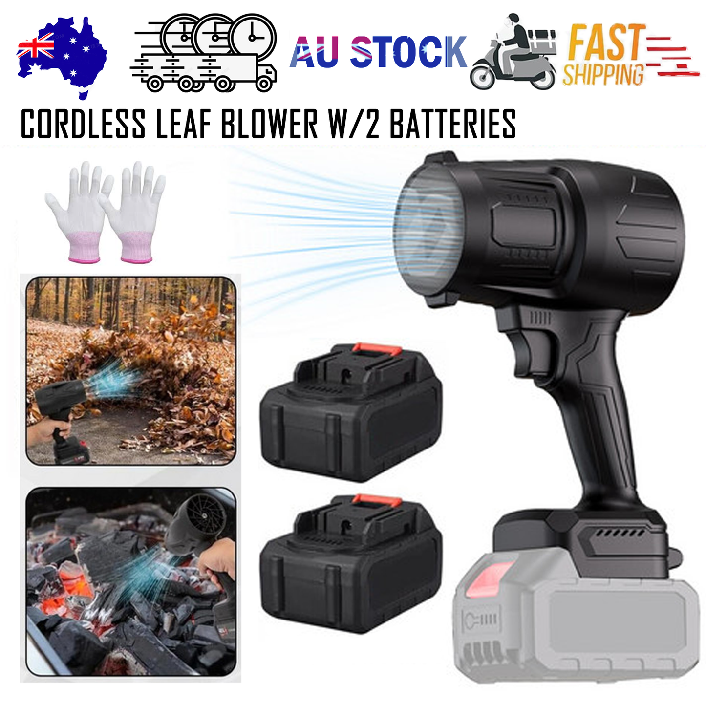 Stepless Cordless Leaf Blower w/2 Batteries Portable Handheld Turbo Jet Fan AU