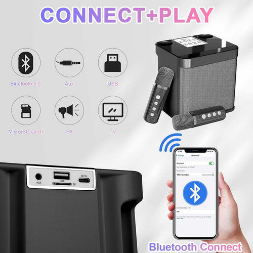 Black Karaoke Machine with 2 Wireless Microphones Bluetooth-Compatible 5.0 for Parties - Image 2