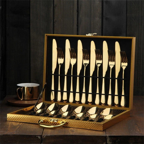 24pc Elegant Stainless Steel Gold Flatware Set Classic Knife Fork Spoon Gift Set - Image 2