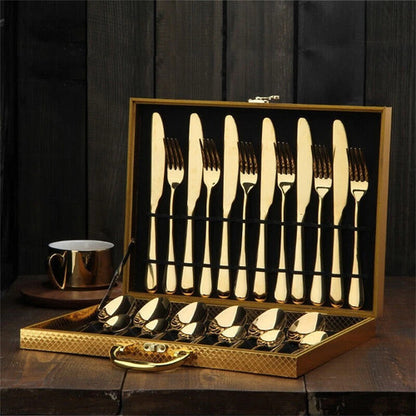 24pc Elegant Stainless Steel Gold Flatware Set Classic Knife Fork Spoon Gift Set - Image 2