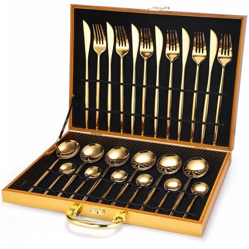 24pc Elegant Stainless Steel Gold Flatware Set Classic Knife Fork Spoon Gift Set - Image 3
