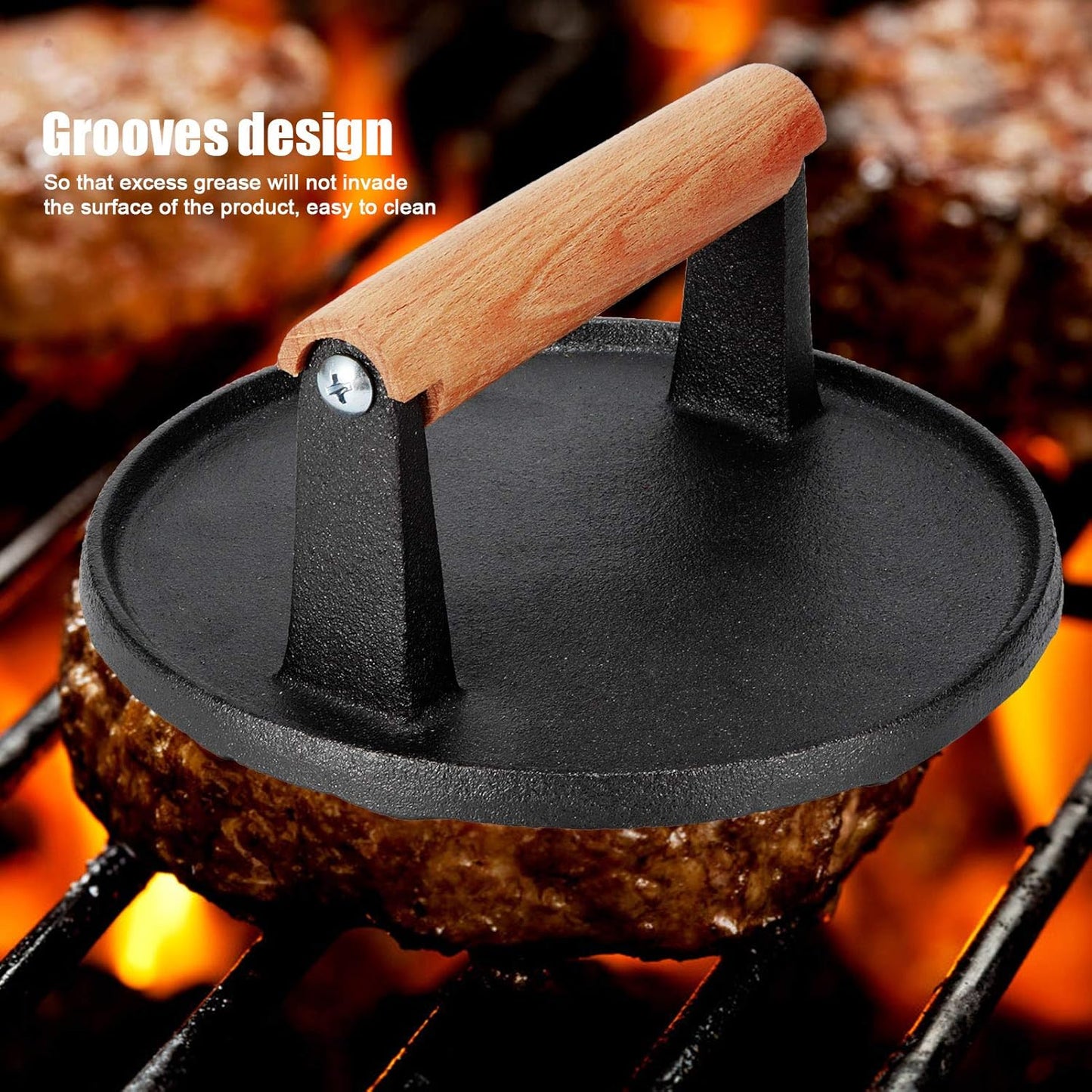 7" Heavy Duty Burger Press W/ Solid Wood Handle for Meat Smasher Hamburger Steak - Image 4