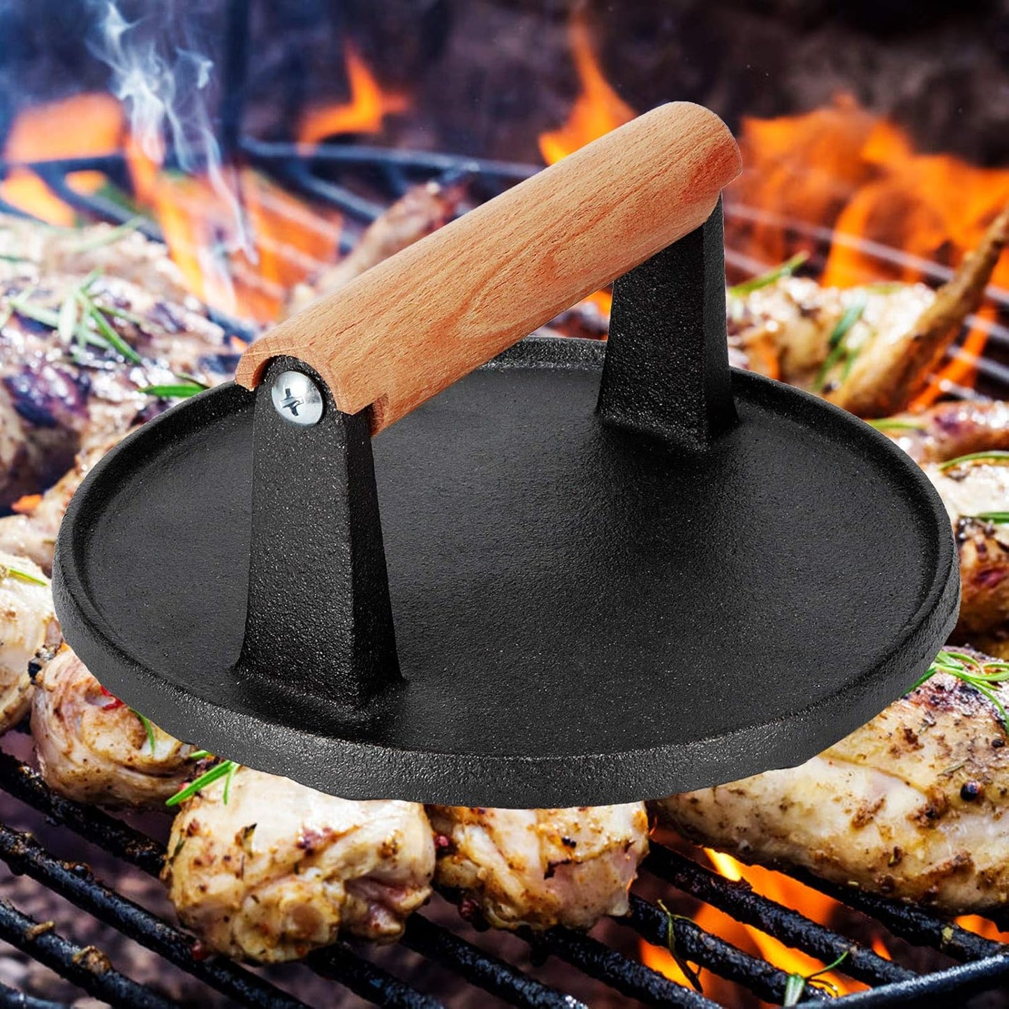 7" Heavy Duty Burger Press W/ Solid Wood Handle for Meat Smasher Hamburger Steak - Image 5