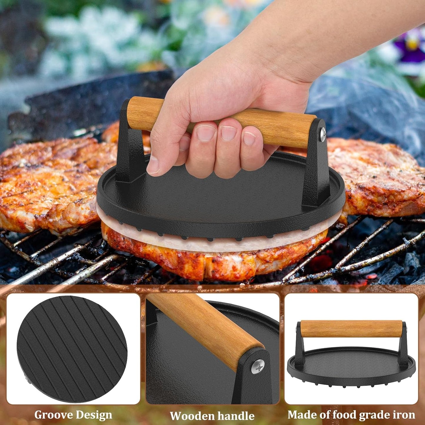 7" Heavy Duty Burger Press W/ Solid Wood Handle for Meat Smasher Hamburger Steak - Image 7