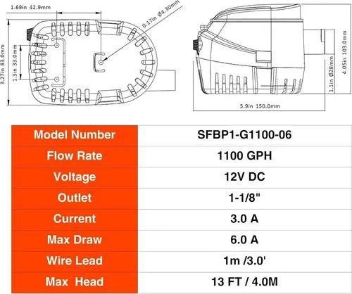 SEAFLO 12V 1100GPH Automatic Bilge Pump Marine Boat Auto Submersible Pump - Image 5
