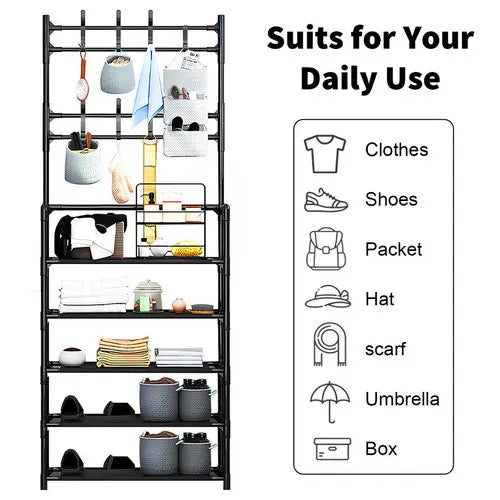 Shoe Rack Storage Cabinet Coat Hat Stand Metal Shelves 12 Pairs Black 60CM - Image 2