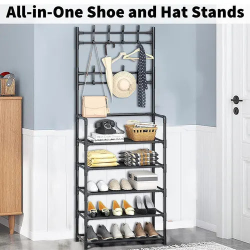 Shoe Rack Storage Cabinet Coat Hat Stand Metal Shelves 12 Pairs Black 60CM - Image 5