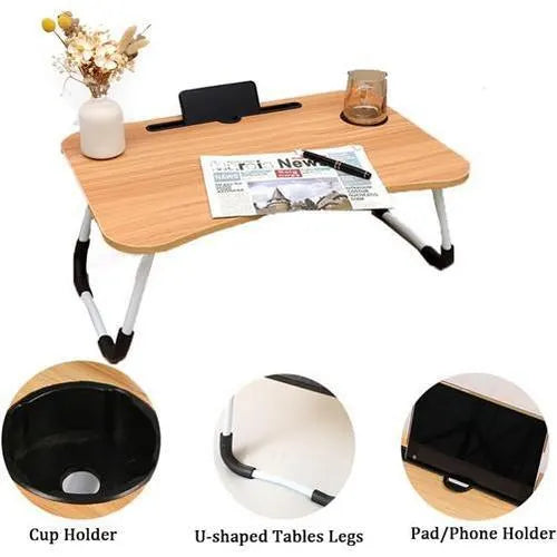 Wood Laptop Stand Table Foldable Desk Computer Study Bed Adjustable Cup Slot Tray - Image 3