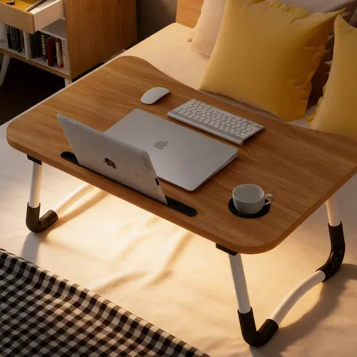 Wood Laptop Stand Table Foldable Desk Computer Study Bed Adjustable Cup Slot Tray - Image 4