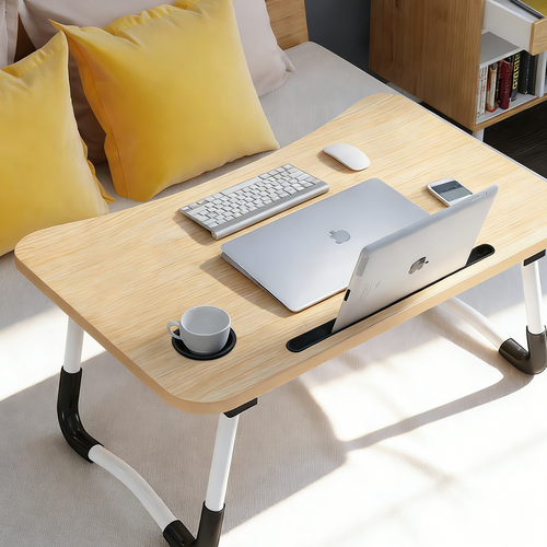Light Wood Laptop Stand Table Foldable Desk Computer Study Bed Adjustable Cup Slot Tray - Image 2