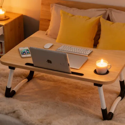Light Wood Laptop Stand Table Foldable Desk Computer Study Bed Adjustable Cup Slot Tray - Image 3