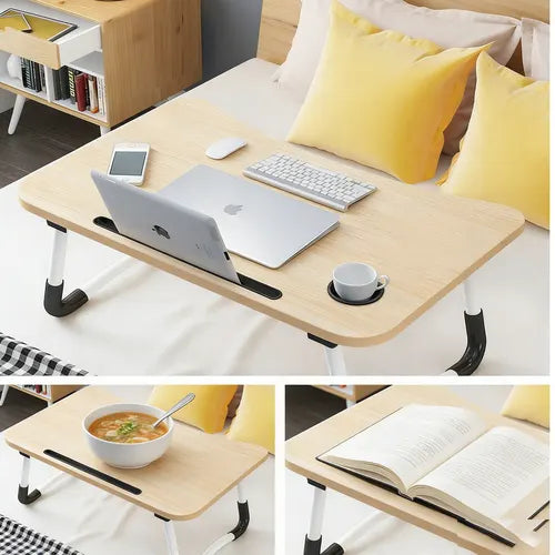 Light Wood Laptop Stand Table Foldable Desk Computer Study Bed Adjustable Cup Slot Tray - Image 4