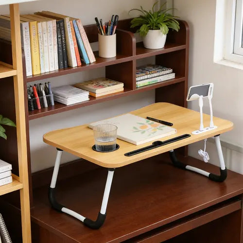Wood Laptop Stand Table Foldable Desk Computer Study Bed Adjustable Cup Slot Tray/linght and Fan - Image 6