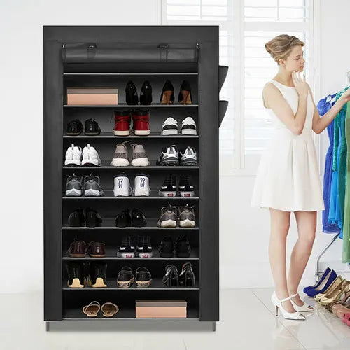 9 Tier Shoe Rack Portable Storage Cabinet Organiser Portable Wardrobe W/ Cover Black - Image 3