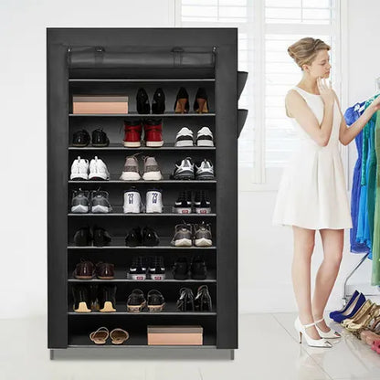 9 Tier Shoe Rack Portable Storage Cabinet Organiser Portable Wardrobe W/ Cover Black - Image 3