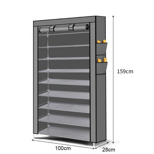 9 Tier Shoe Rack Portable Storage Cabinet Organiser Portable Wardrobe W/ Cover Gray - Image 2