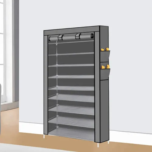 9 Tier Shoe Rack Portable Storage Cabinet Organiser Portable Wardrobe W/ Cover Gray - Image 3