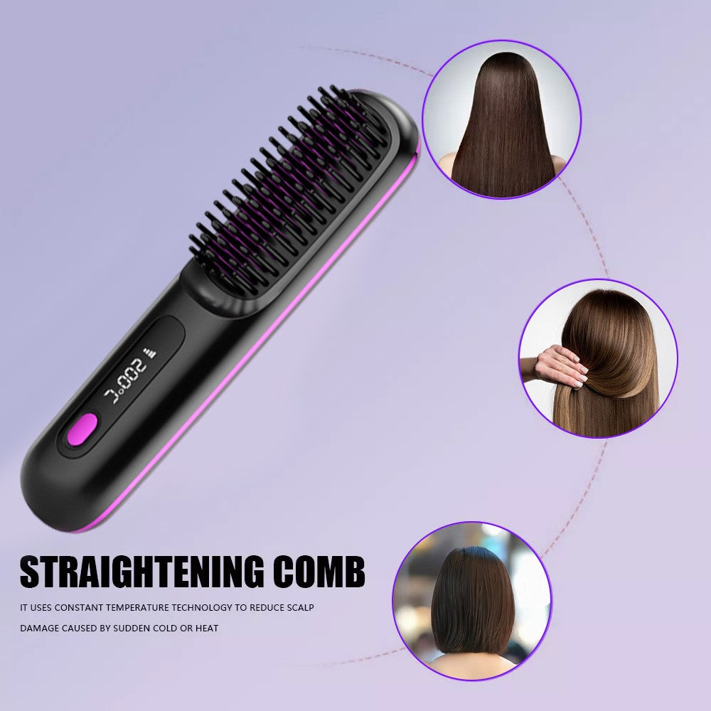 Black Hair Straightener Brush Travel Mini Rechargeable Hair Styler Fast Heating  - Image 4