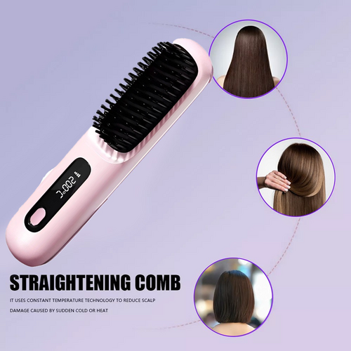 Pink Hair Straightener Brush Travel Mini Rechargeable Hair Styler Fast Heating  - Image 5