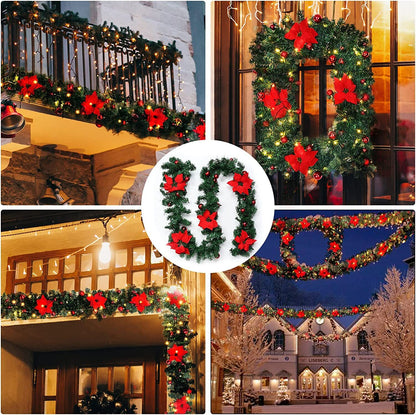 RED 9FT Xmas Christmas Garland Artificial Wreath with LED Lights Stairs Home Rattan - Image 3