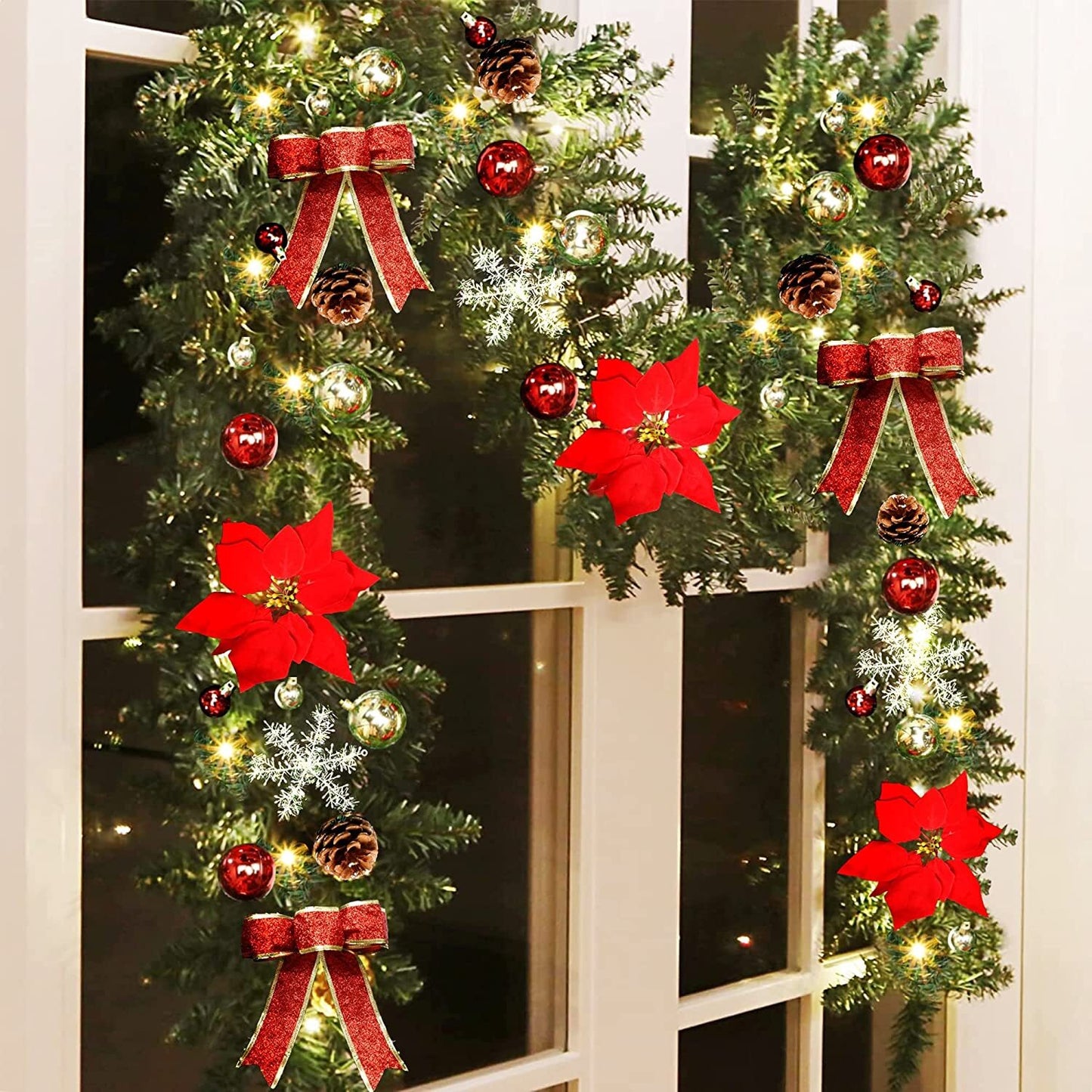 RED 9FT Xmas Christmas Garland Artificial Wreath with LED Lights Stairs Home Rattan - Image 4