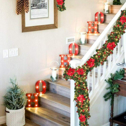 RED 9FT Xmas Christmas Garland Artificial Wreath with LED Lights Stairs Home Rattan - Image 5