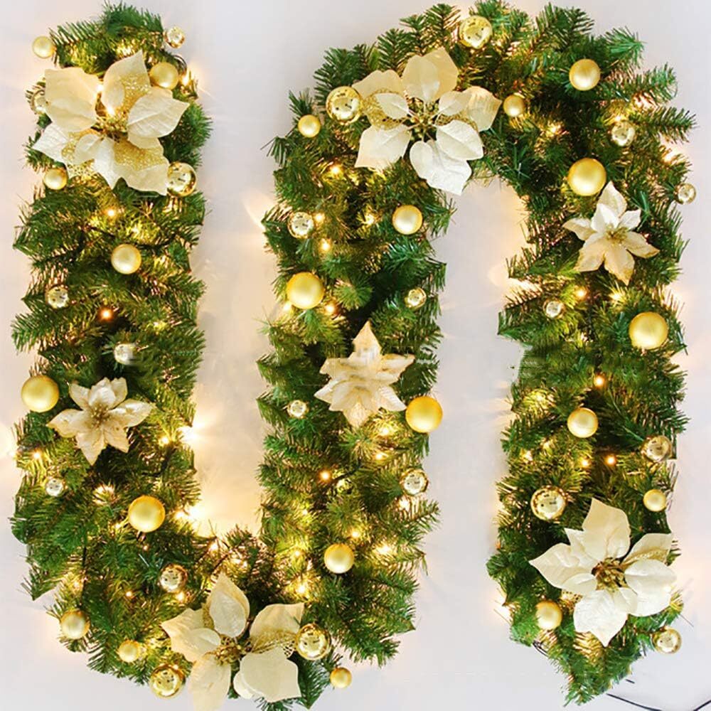 Gloden 9FT Xmas Christmas Garland Artificial Wreath with LED Lights Stairs Home Rattan