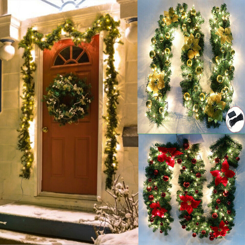Gloden 9FT Xmas Christmas Garland Artificial Wreath with LED Lights Stairs Home Rattan - Image 4