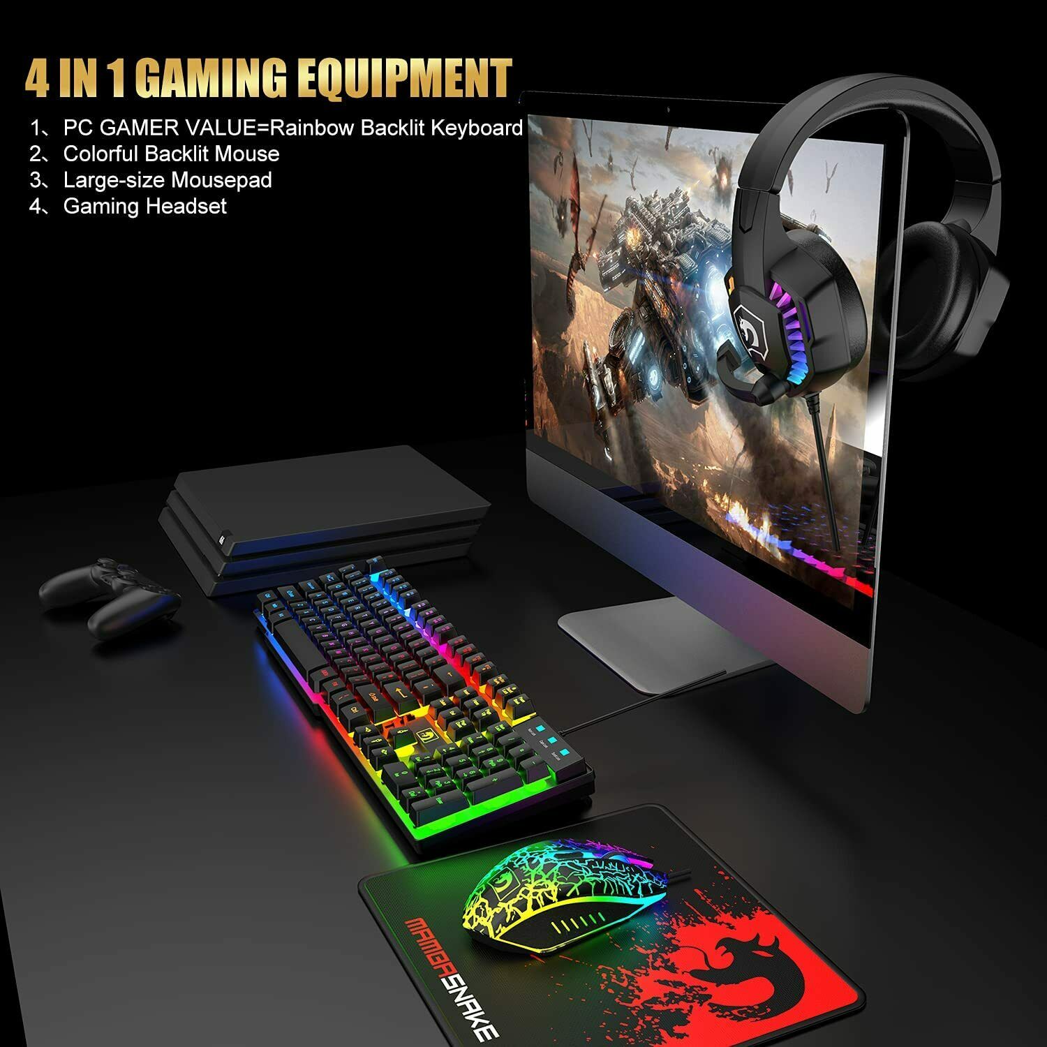 Gaming Keyboard & Mouse & Headset & Mousepad Set RGB Backlit Wired for PC Laptop - Image 6
