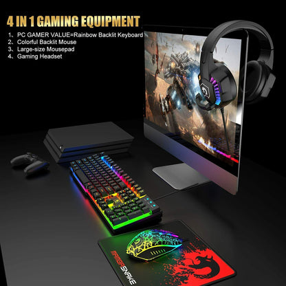 Gaming Keyboard & Mouse & Headset & Mousepad Set RGB Backlit Wired for PC Laptop - Image 6