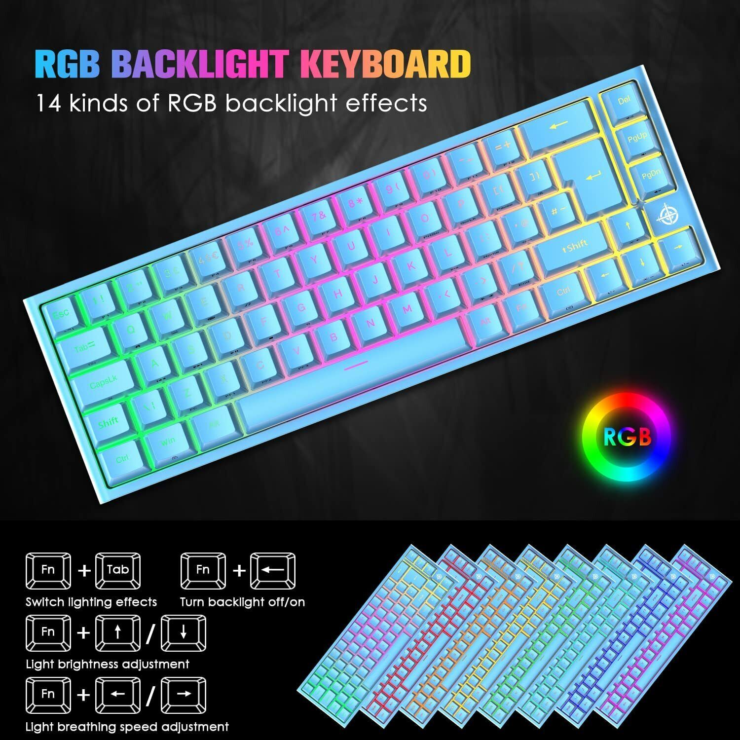 67 Keys Layout Design Mechanical Gaming Keyboard PC PS4 RGB Backlight Wired USB Blue - Image 4