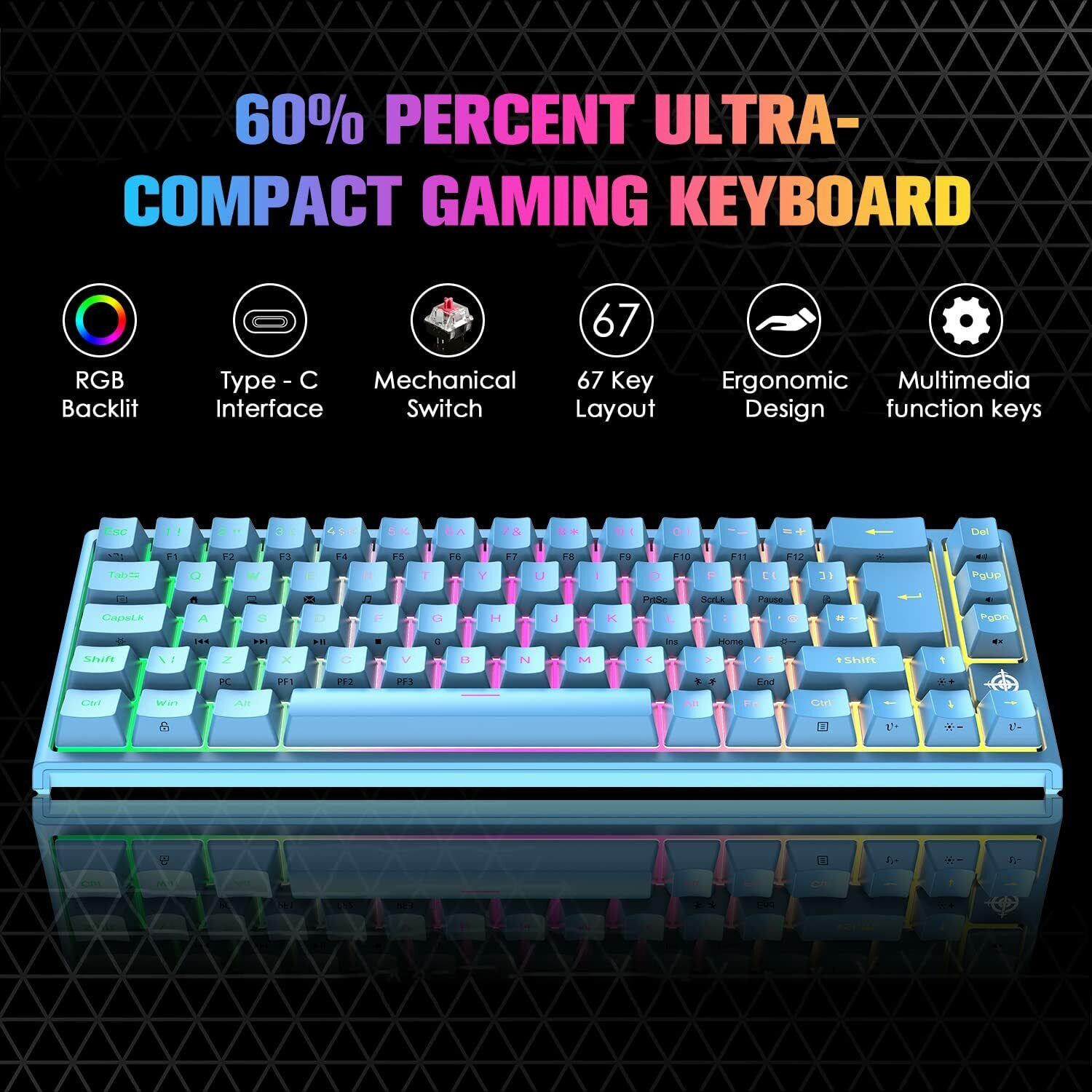 67 Keys Layout Design Mechanical Gaming Keyboard PC PS4 RGB Backlight Wired USB Blue - Image 5