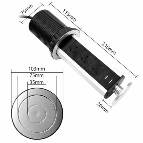 Pop Up Power Point 3 Socket Plug + 2 USB Table Home Kitchen Desk Outlet - Image 2