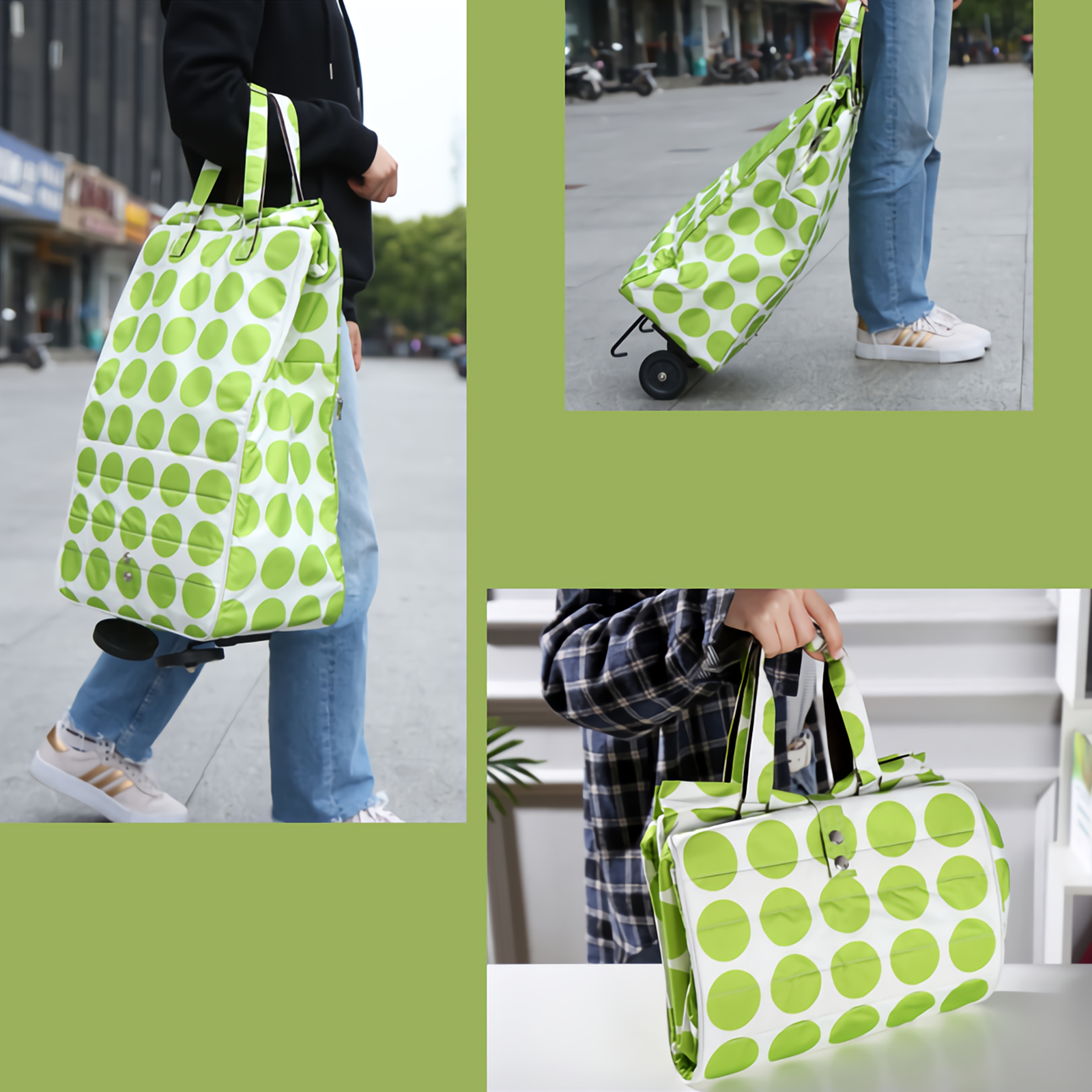 Shopping Trolley Cart Bag Foldable Wheels Carts Bags Market Luggage Basket green circle - Image 2