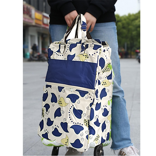 Shopping Trolley Cart Bag Foldable Wheels Carts Bags Market Luggage Basket blue leaves - Image 2