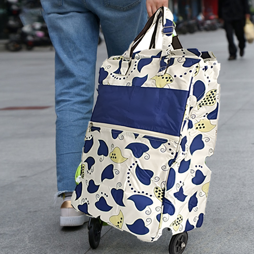 Shopping Trolley Cart Bag Foldable Wheels Carts Bags Market Luggage Basket blue leaves - Image 3