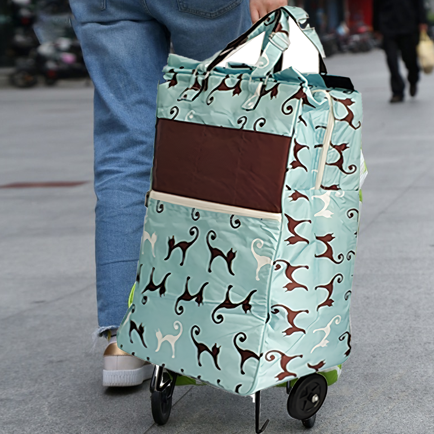 Shopping Trolley Cart Bag Foldable Wheels Carts Bags Market Luggage Basket sky blue cat - Image 3