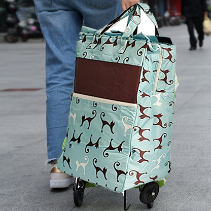 Shopping Trolley Cart Bag Foldable Wheels Carts Bags Market Luggage Basket sky blue cat - Image 3