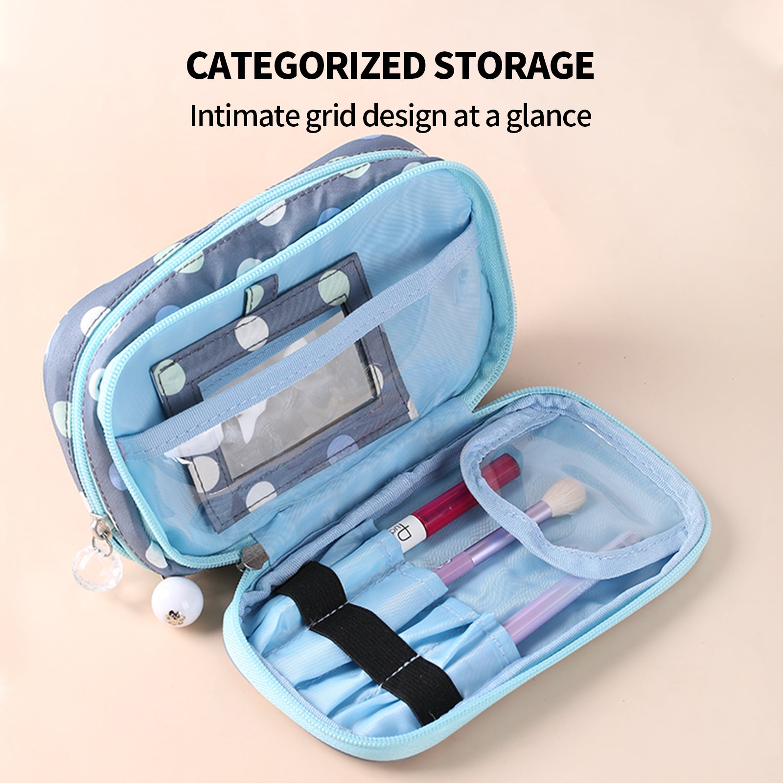 2 Layer Makeup Bag w/ Mirror Travel Cosmetic Bag Organizer Brush Slots Portable - Image 2