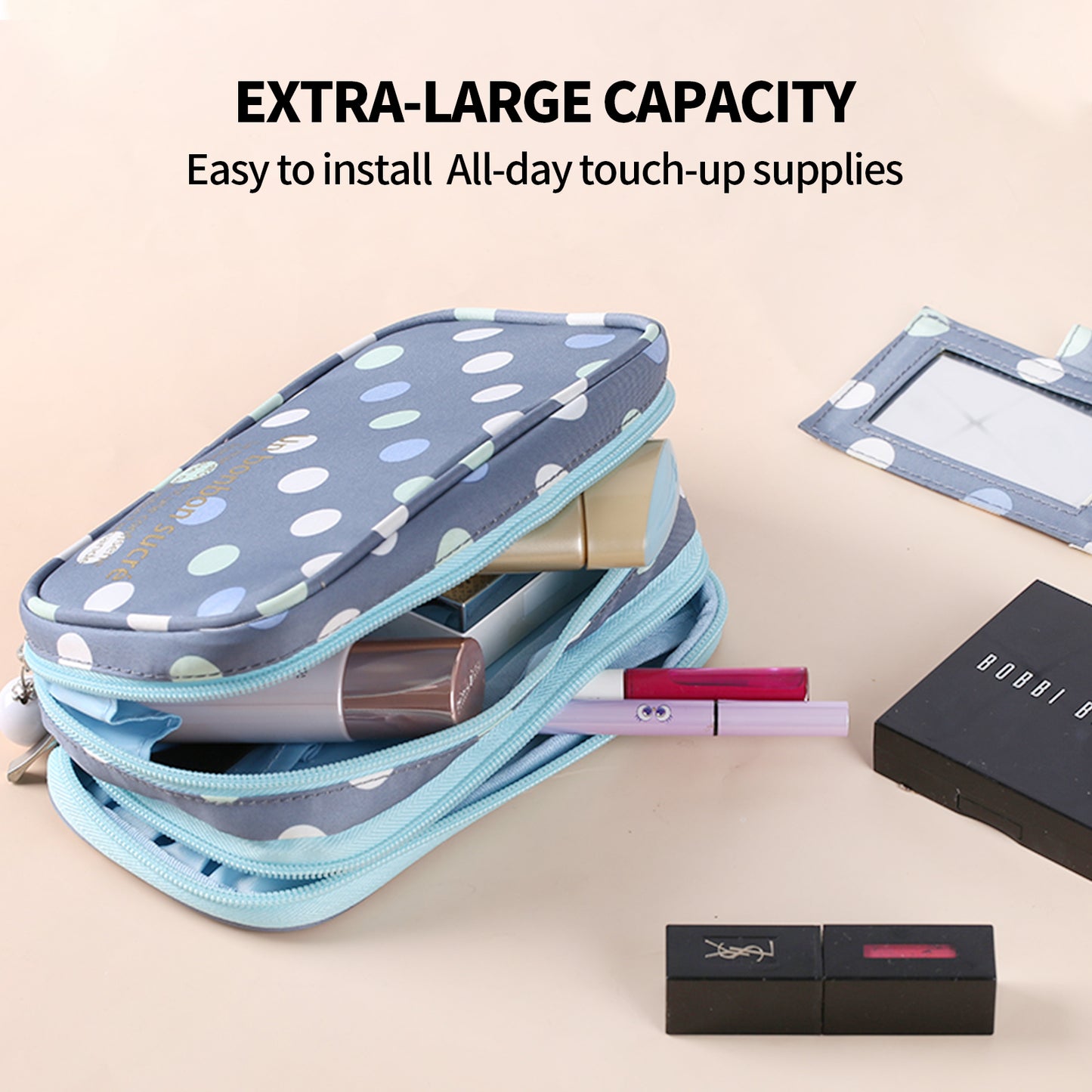 2 Layer Makeup Bag w/ Mirror Travel Cosmetic Bag Organizer Brush Slots Portable - Image 4