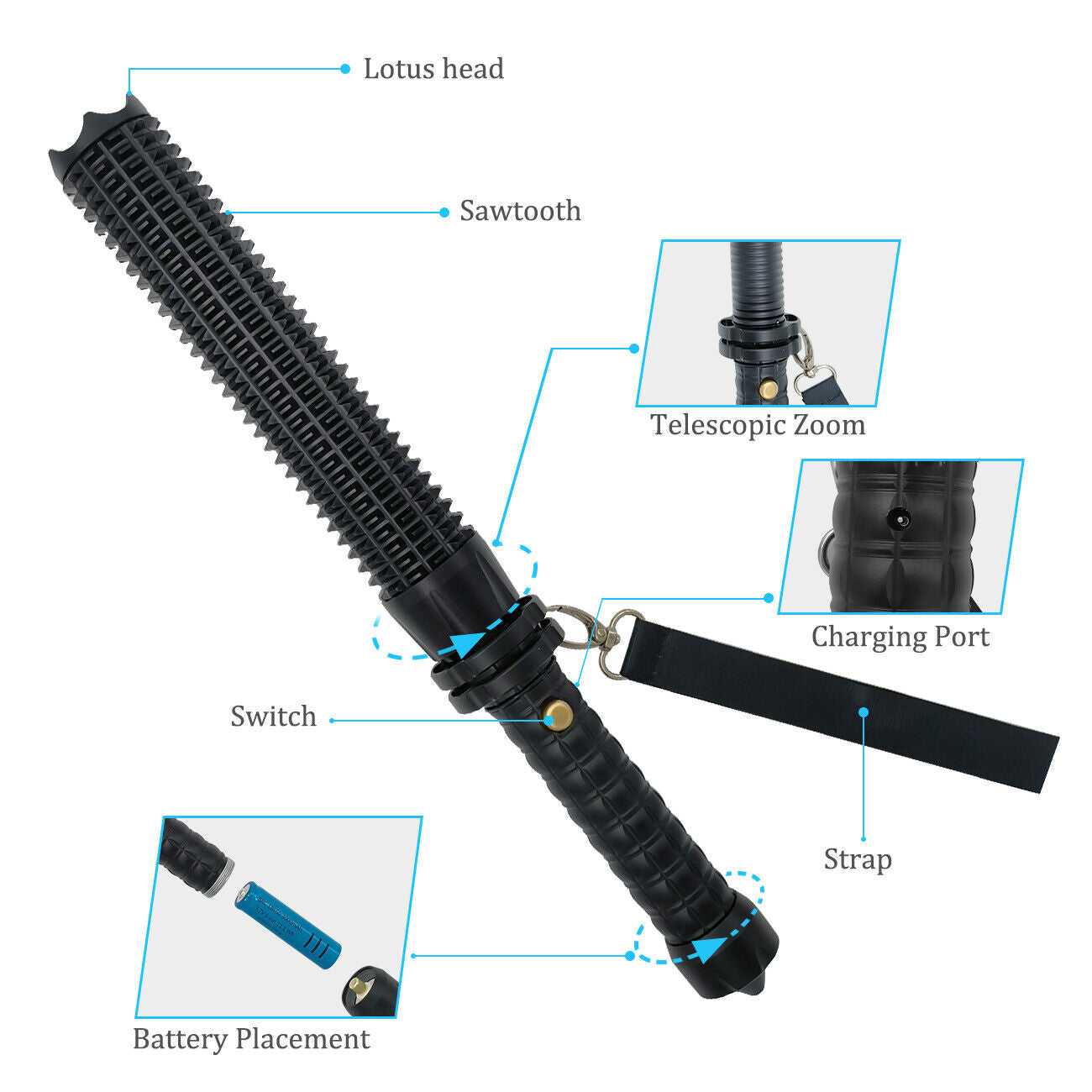 Baseball LED Flashlight Rechargeable Zoom Police Security Torch Baton Lamp Light - Image 5
